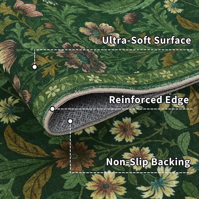 2x6 Washable Runner Rug,Dark Green Floral Boho Area Rug for Hallway,Low-Pile Non-Slip Stain Resistant Carpet for Kitchen, Bedside,Laundry Room,Entryway