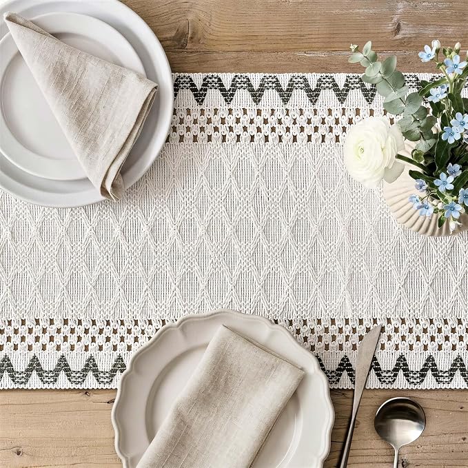Macrame Side Trim Boho Woven Table Runner, Moss 12x36 Inch | Crochet Hollow - Image 3