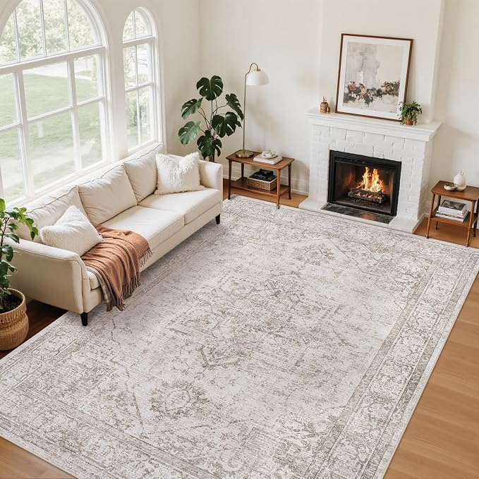 6x9 Area Rugs for Living Room:Beige Washable Vintage Medallion Carpet Non-Slip by Unknown