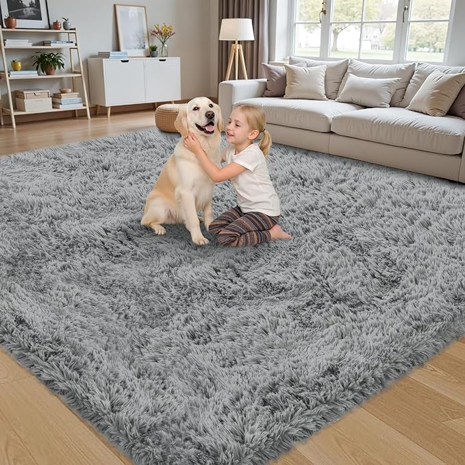 5x7 Area Rug for Living Room:Ultra Soft Fluffy Shag Light Grey Rugs, Large - Image 3