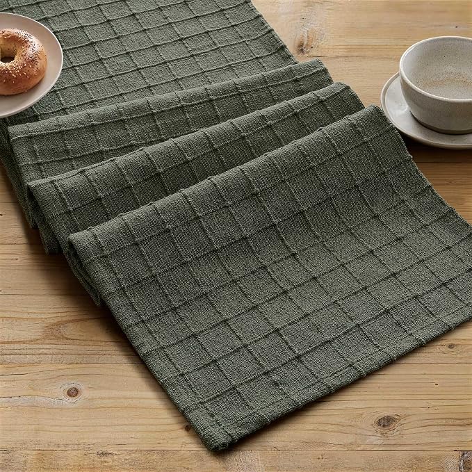 Artisanal Grid Linen Table Runner, 13x90 Inches Army Green | Heavy Textured - Image 2