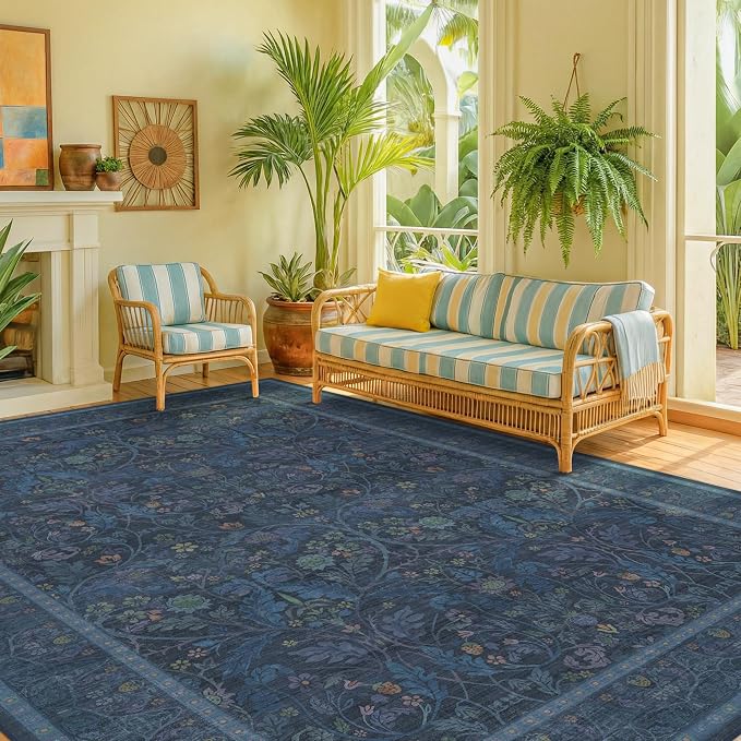 9x12 Vintage Big Floor Rugs for Living Room, Machine Washable Soft Dark Blue - Image 6