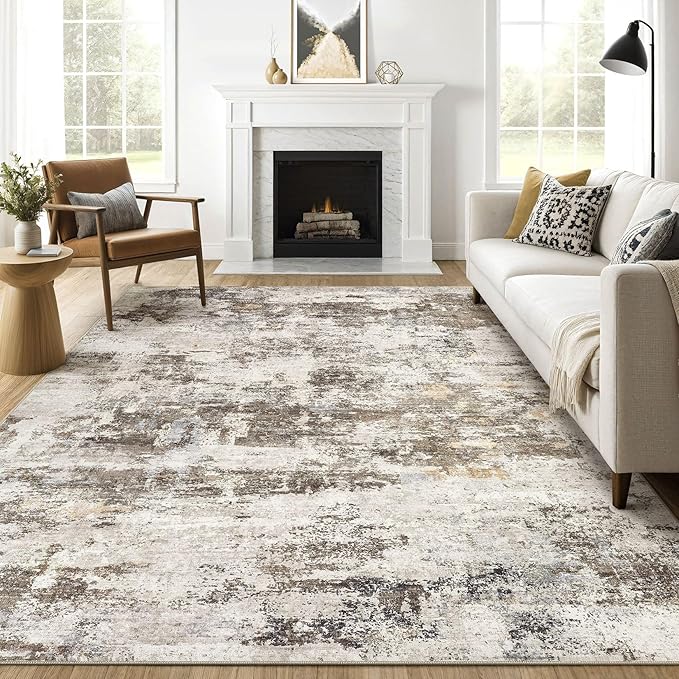 9x12 Area Rug Living Room: Washable Large Abstract Neutral Modern Soft Rugs by LOONGRUG