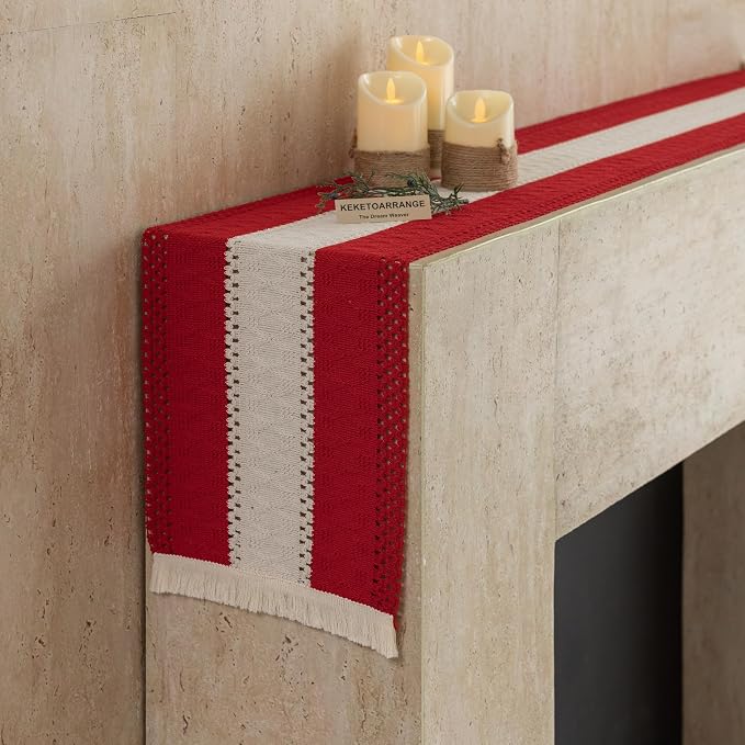 Keketoarrange Christmas Red Boho Table Runner 12x72 Inch | Woven Burlap - Image 7