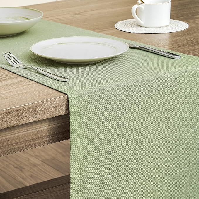 Basic Linen Style Table Runner, 14x90 Inch Sage Green | Mitered Corner Design - Image 4