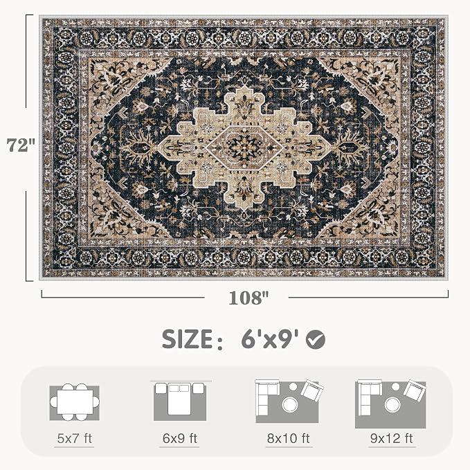 Area Rugs 6x9 Vintage Rug: Washable Living Room Rug Retro Medallion Distressed - Image 2