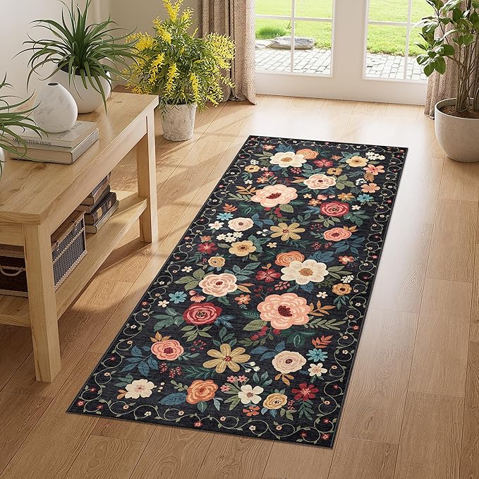 DUKINO 2x5 Runner Rug for Hallway, Washable Kitchen Floral Runner Rug by DUKINO