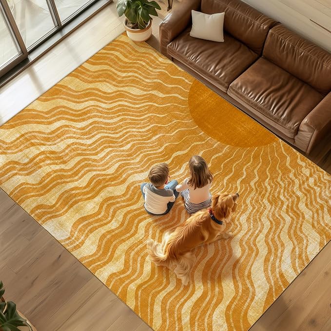 Washable 8x10 Sun Area Rug for Living Room, Retro Brown Sun Modern Boho Large by GOGINNY