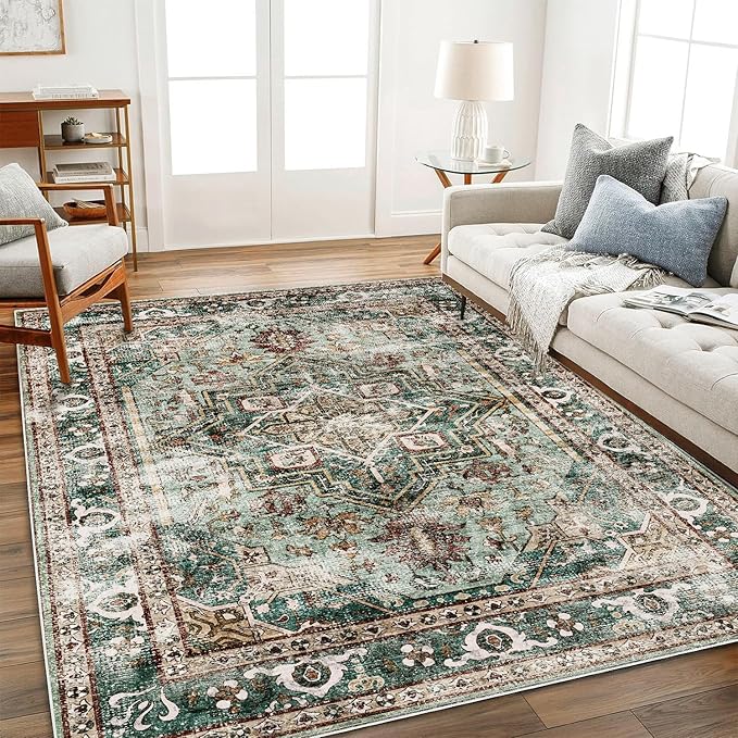 Green Area Rug 9'x12' Washable Vintage Traditional Mat Distressed Indoor Foldable Thin Retro Accent Floral Print Rug Non Slip Carpet for Living Room Dining Room Office