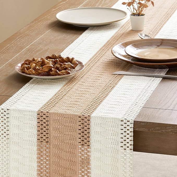 Macrame Style Bicolor Stitching Table Runner 14x108in Beige | Woven Boho Table - Image 4