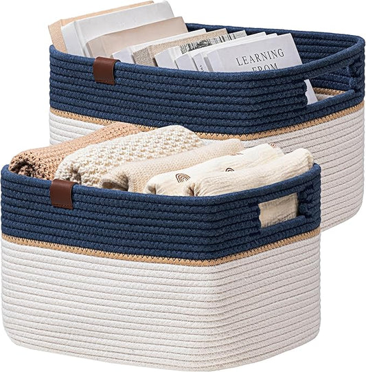 UBBCARE 2 Pack Baskets for Organizing, Woven Storage Baskets with Label for Toys and Towel, Rectangle Cotton Rope Basket with Handles, 15''L x10''W x9''H, Navy Blue&White