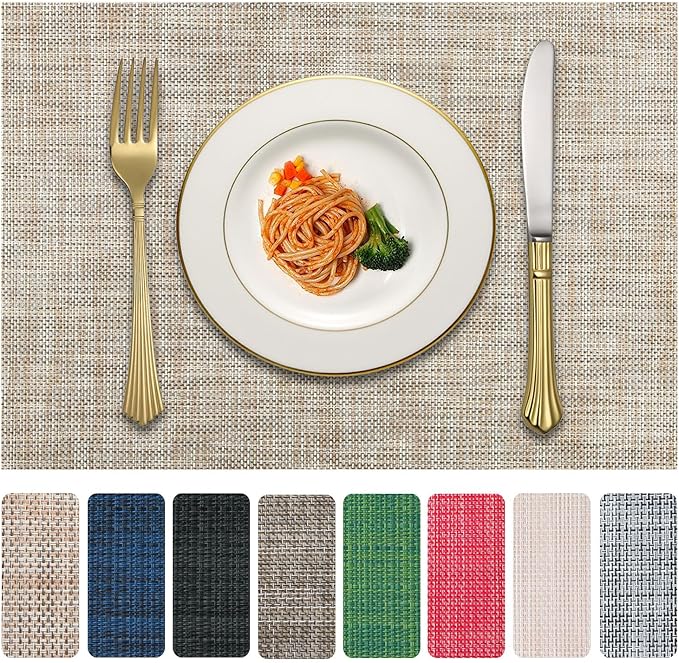 Vinyl Placemats Set of 8, PVC Woven Washable Non-Slip Table Mats, Heat by LANDVIEW
