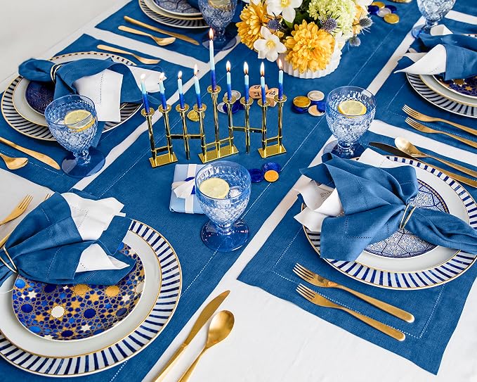 Solino Home 100% Pure Linen Table Runner Indigo Blue Hemstitch, 14 x 48 in | - Image 4