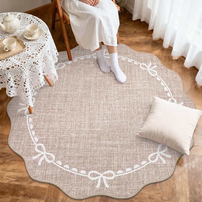 GarveeHome Scalloped Bow Rug for Living Room, 4ft Round Rugs Washable Solid - Image 3