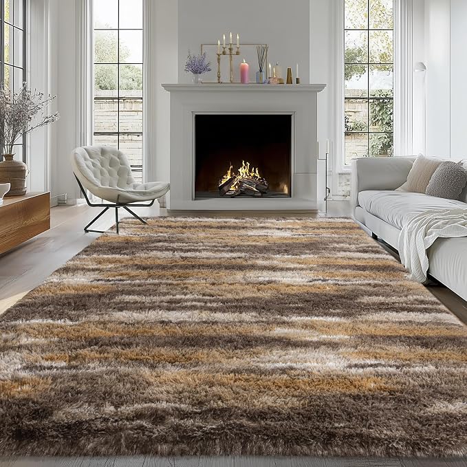 Fluffy Rugs for Living Room, 6x9 Ft Abstract Brown Shag Area Rug, Soft Large - Image 2