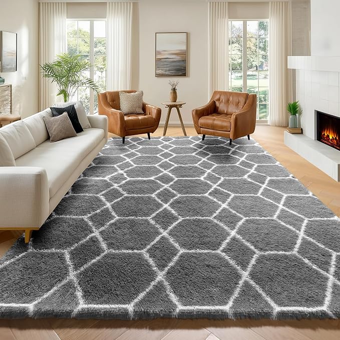 ONASAR 6x9 Area Rugs for Living Room Bedroom, Large Fluffy Grey and White Throw by ONASAR