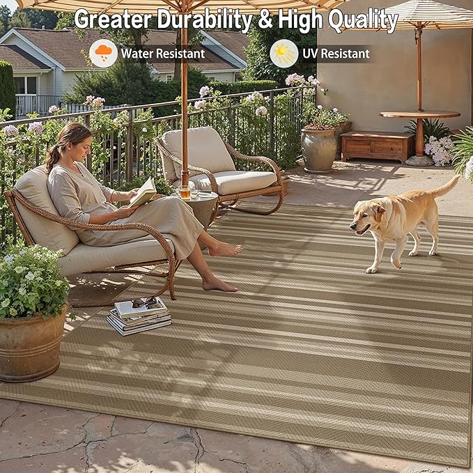 6x9 Easy Jute Stripe Area Rug Washable Beige Brown Indoor Outdoor Rug Non Slip - Image 5