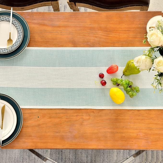 Wracra Linen Table Runner, Stripe Table Runners 72 Inches Long Aque Blue | - Image 4