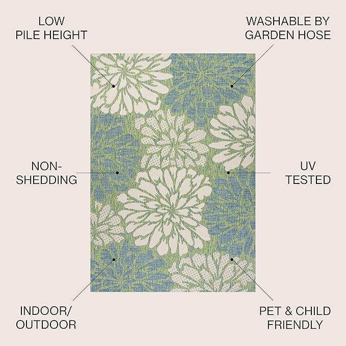 JONATHAN Y Floral Textured Weave Indoor Outdoor Round Area Rug 4 Ft Cream/Green - Image 2