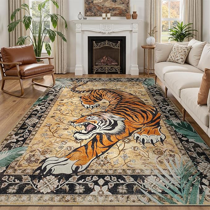 DCX Washable 6x9 Tiger Area Rug, Soft Low Pile Carpet, Kid & Pet Friendly by DCXWashableRug