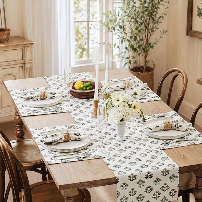 Block Print Floral Decorative Table Runners, 13x72 Inch Latte | 100% Organic - Image 7