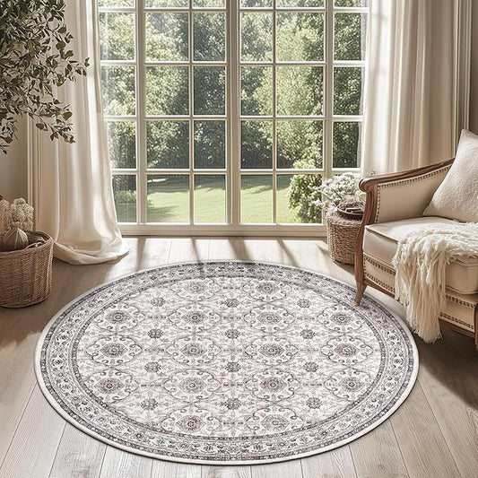 jinchan Round Rug 4ft Washable Circle Soft Rug - Low Pile Vintage 4'Round Indoor Beige Floral Print Stain Resistant Boho Carpet Ultra-Thin Non-Slip for Entryway Nursery Bedroom Dining Room Kitchen