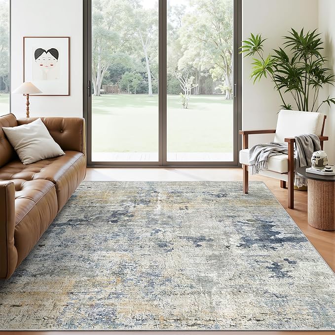 Soalmost Abstract Rug 5x7 Machine Washable Area Indoor Blue Yellow Low Pile by Soalmost