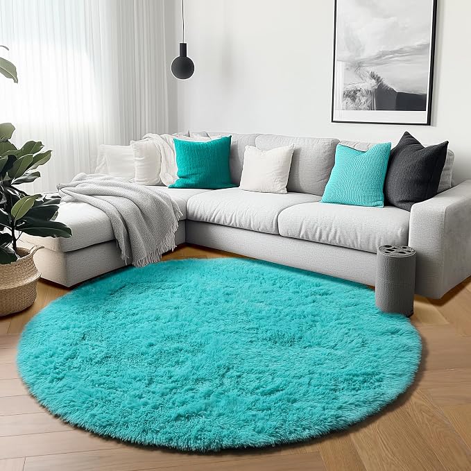 ONASAR Teal Blue Round Area Rug 4ft, Soft Fluffy Bedroom Bedside Floor Circle - Image 4