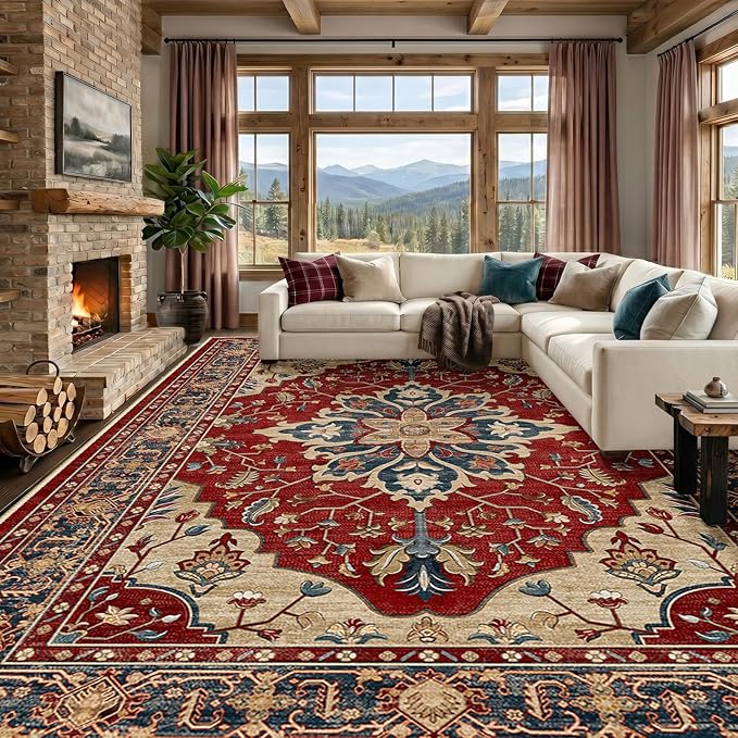 RELEANY Area Rugs Large 10'x12' Washable Non-Slip, Floral Vintage Distress by RELEANY