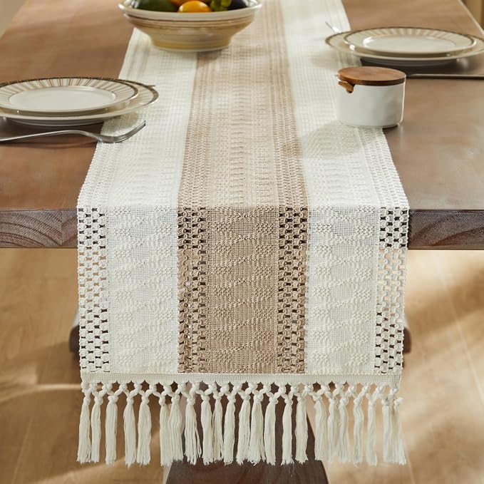 Macrame Style Bicolor Stitching Table Runner 14x60in Taupe | Woven Boho Table - Image 3