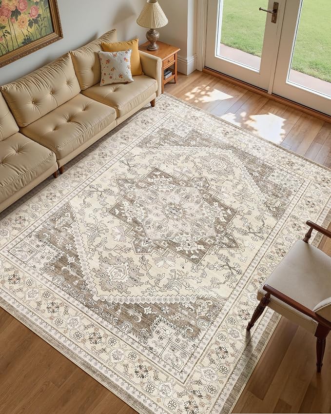 10x14 Vintage Area Rug: Washable Neutral Soft Non Slip Thin Large Floor Carpet - Image 2