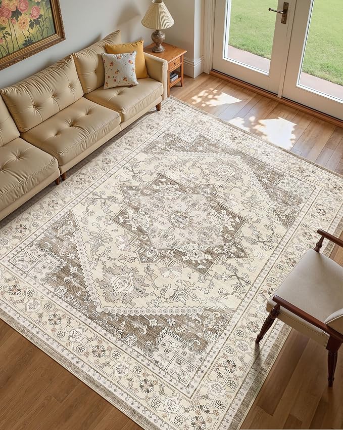 10x14 Vintage Area Rug: Washable Neutral Soft Non Slip Thin Large Floor Carpet - Image 2