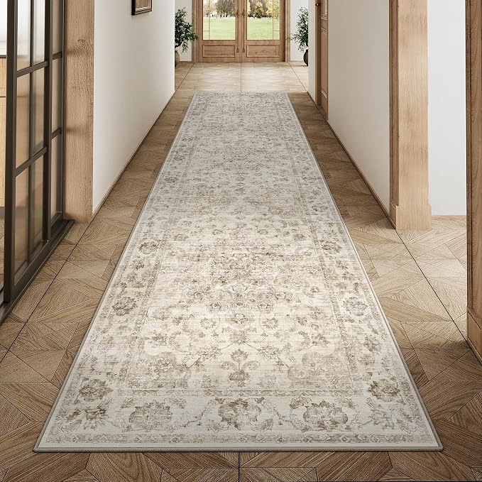 2x8 Washable Neutral Runner Rug Beige Vintage Hallway Kitchen Carpet Non-Slip - Image 3