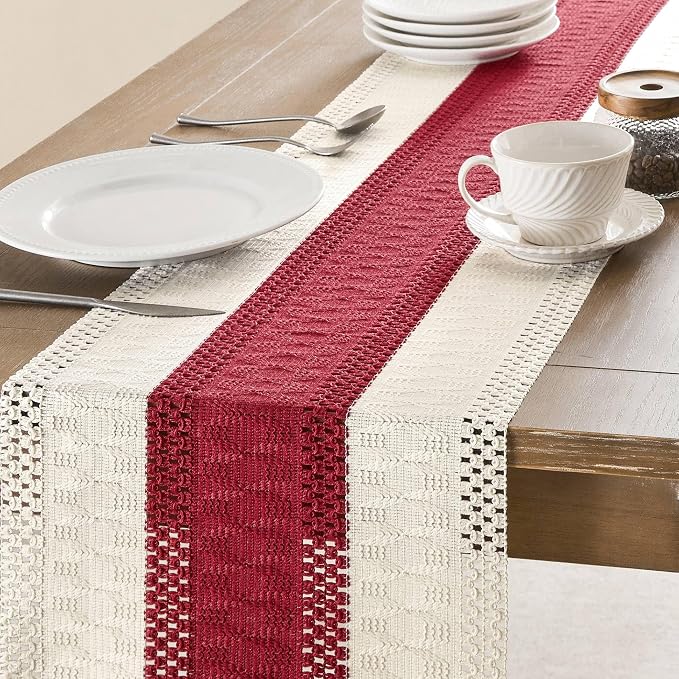 Macrame Style Bicolor Stitching Table Runner 14x90in Red | Woven Boho Table - Image 4