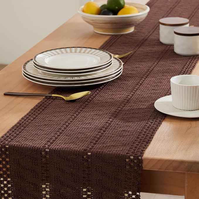 Macrame Style Boho Table Runner, 12x90 Inch Chocolate | Woven Boho Table Runner - Image 5