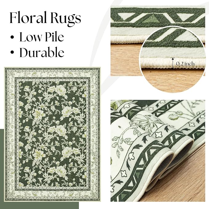 Olive Green Area Rugs 6x9 Living Room Washable Boho Vintage Sketch Floral Cream - Image 7