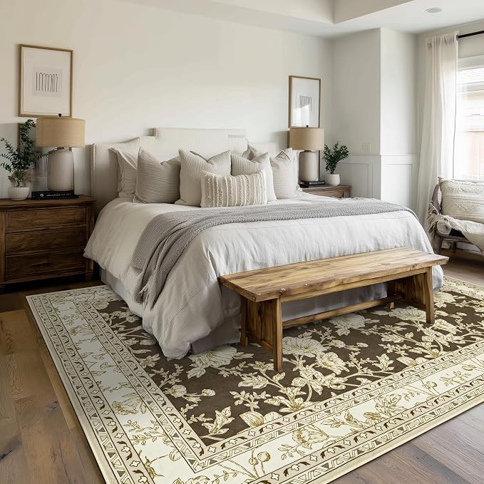 Brown Floral Print Area Rugs for Bedroom Living Room Boho Farmhouse Country - Image 6