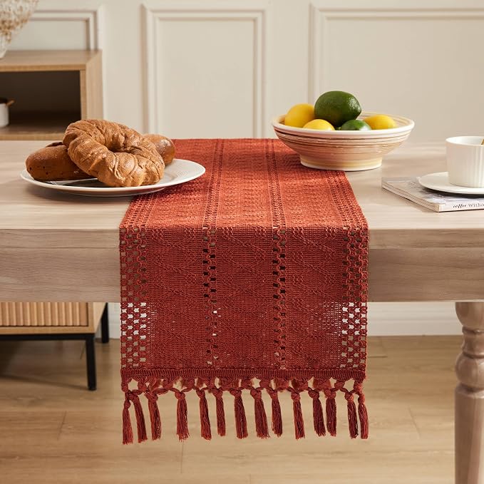 Macrame Style Boho Table Runner, 12x60 Inch Rust | Woven Boho Table Runner - Image 2