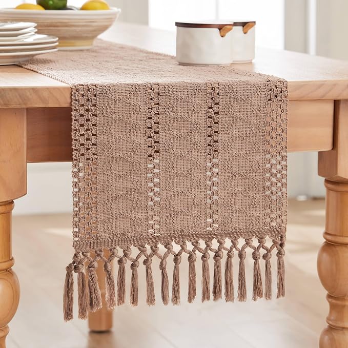 Macrame Style Boho Table Runner, 12x48 Inch Taupe | Woven Boho Table Runner - Image 7