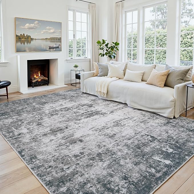 Area Rug 10x14 Living Room Rug Washable: No-Slip Abstract Soft Thin Large Gray by Oriannal