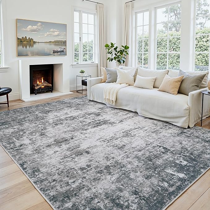 Area Rug 9x12 Living Room Rug Washable: No-Slip Abstract Soft Thin Large Gray by Oriannal