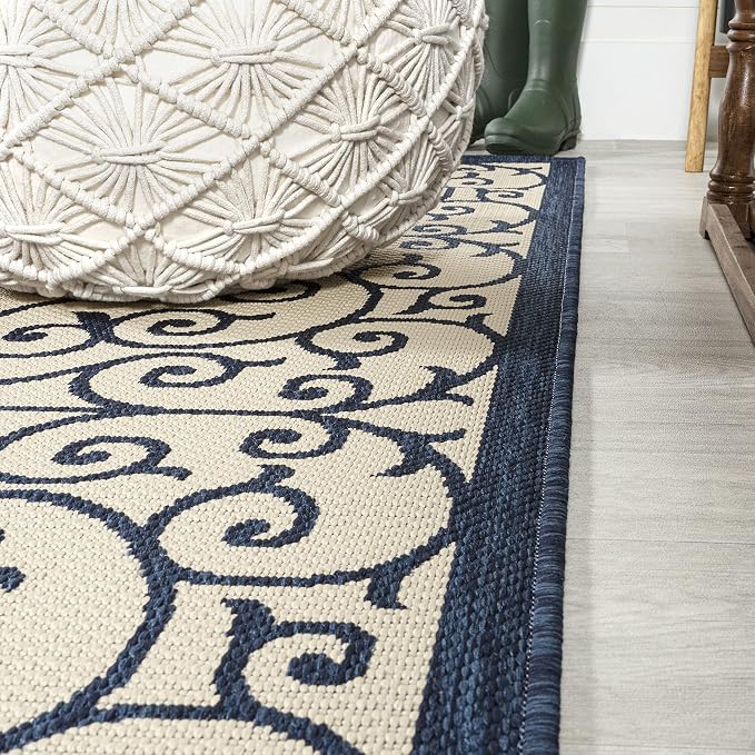 JONATHAN Y Vintage Filigree Indoor Outdoor Runner Rug 2X10 Navy/Beige, Madrid - Image 4