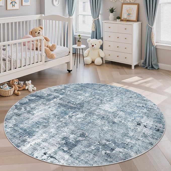 Soalmost 6x6 Blue/Grey Round Rug 6ft Living Room Circle Rug Vintage Round Area - Image 3