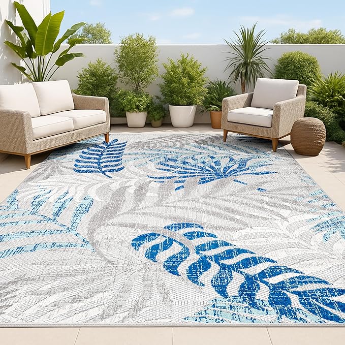 JONATHAN Y Tropics Palm Leaves Indoor Outdoor Area Rug 3X5 Gray/Blue, Boho by JONATHANY
