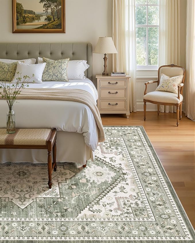7x9 Vintage Area Rug: Washable Neutral Soft Non Slip Thin Large Floor Carpet - Image 4