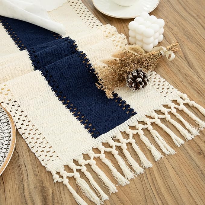Boho Blue Table Runner, 12x36 Inches | Tassels, Summer Farmhouse, Woven Cotton by Counfeisly