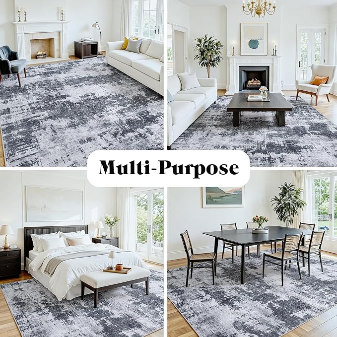 10x14 Area Rugs for Living Room Washable: Abstract Soft Thin Low Pile Black Rug - Image 4