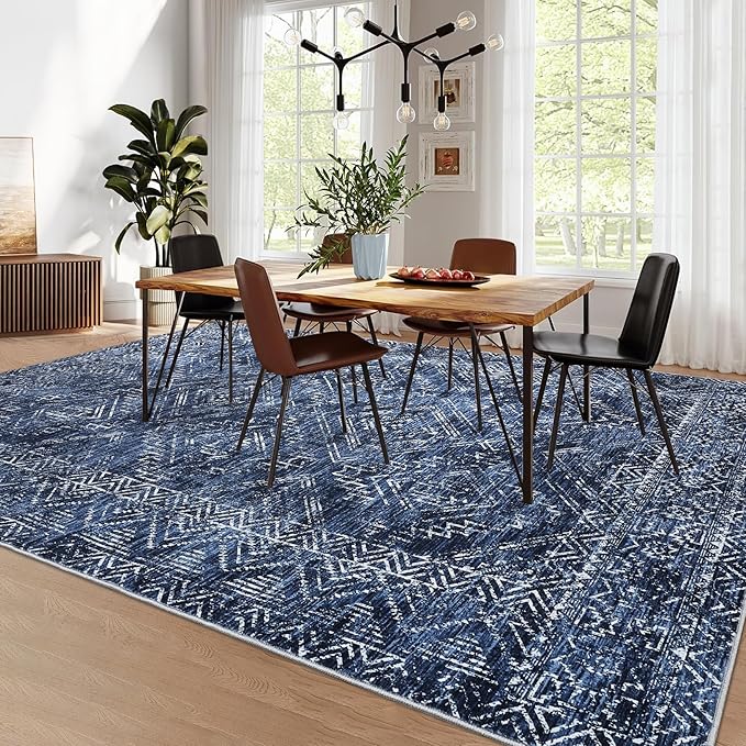 COZYLOOM Living Room Rug 9x12 Machine Washable Area Rugs Modern Abstract Floor Cover Non Slip Low Pile Geometric Mats Stain Resistant Foldable Carpet for Dining Room Bedroom, Blue