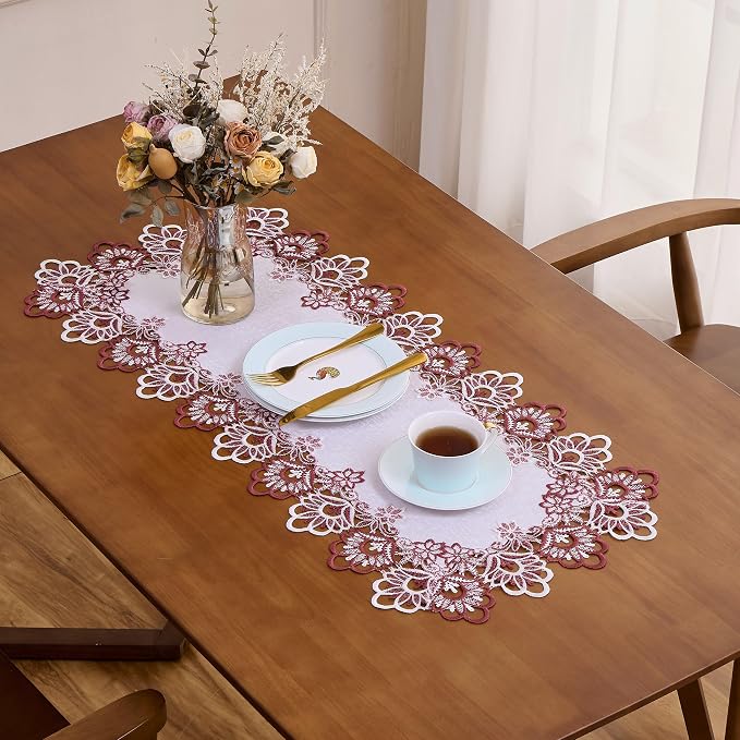 White Dark Red Jacquard Lace Table Runner 90 inches Long, Claret Dresser Scarf - Image 5
