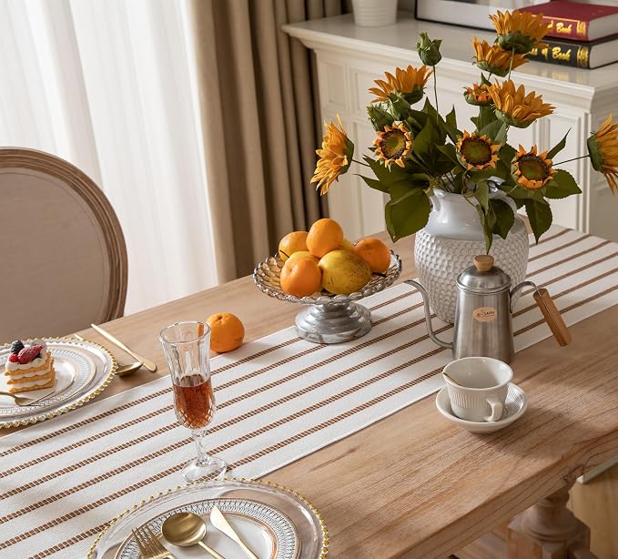 Caflife Boho Table Runner 60 Inchs Long Brown and Beige, Cotton and Linen Woven - Image 3